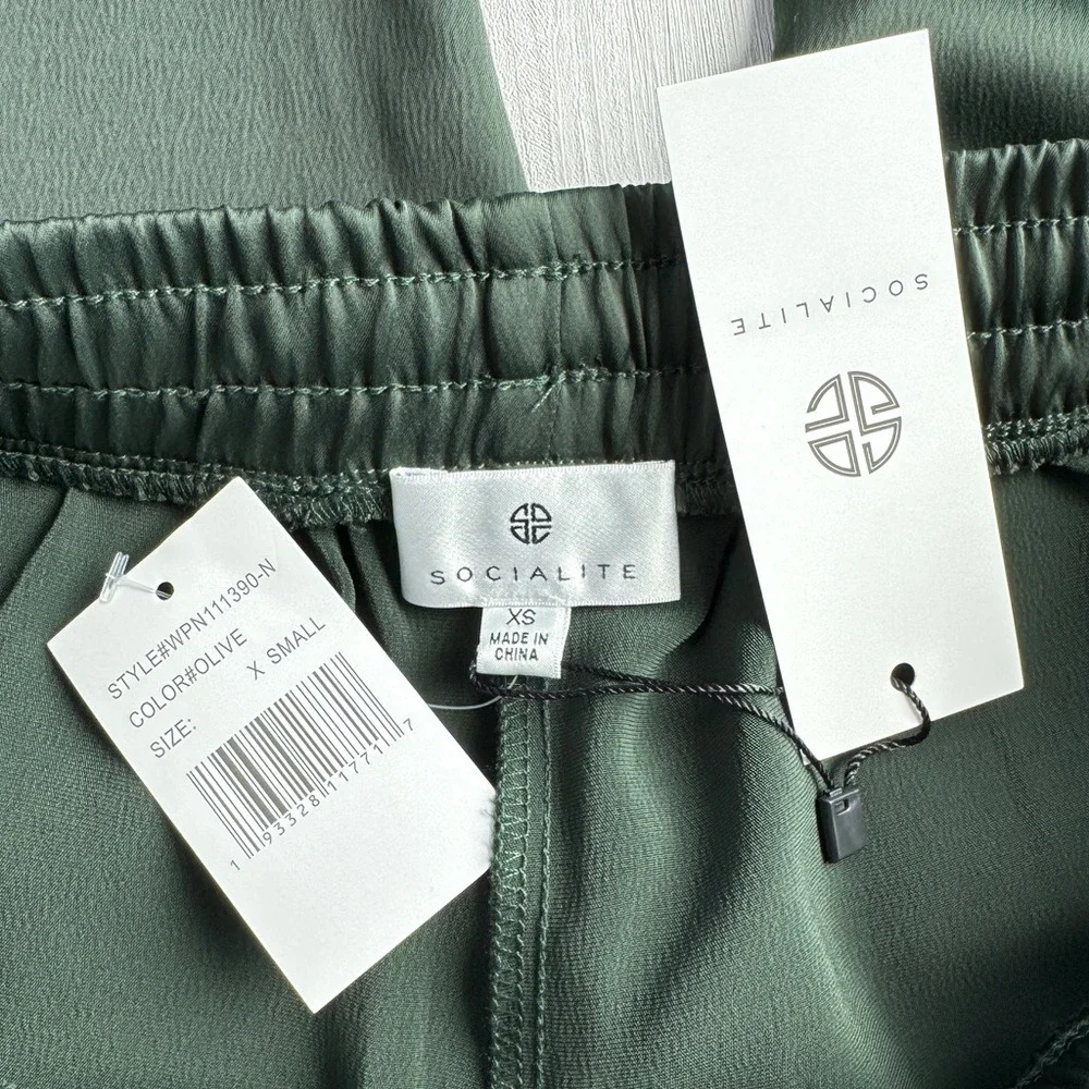 Socialite Satin Joggers Olive Green XS Minimalist Party Elevated Casual‎ Pants